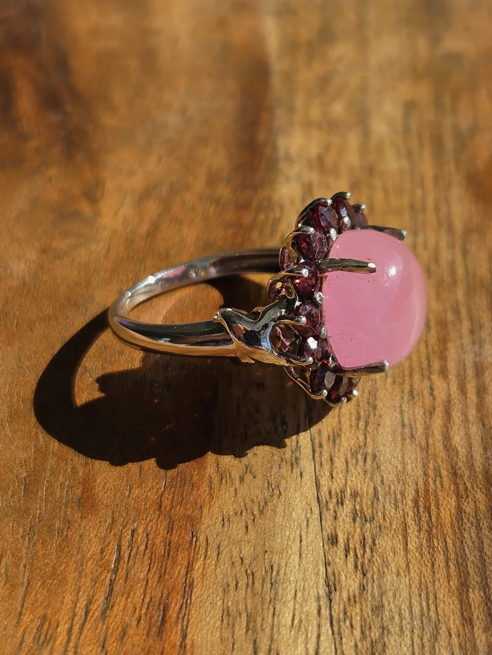 Pink Jadeite Garnet Halo Cocktail Ring -